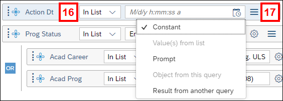 Screenshot of a query filter showing the operators menu and the define filter type menu.
