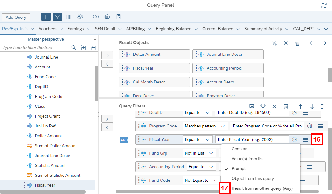 Screenshot of the Query Filters section of the Query Panel showing the Fiscal Year query filter with the Define Filter Type list expanded.