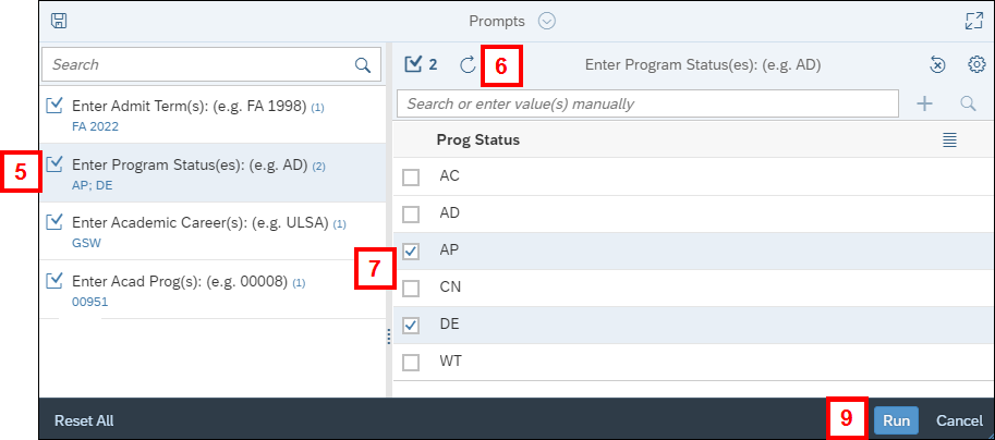 Screenshot of the Prompts window showing the refresh button, prompts list, and values pane.