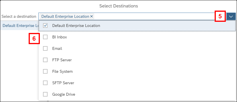 Screenshot of the Destinations menu.