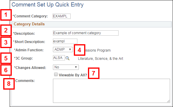 Comment Set Up Quick Entry page