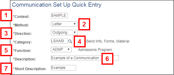 Communication Set Up Quick Entry page