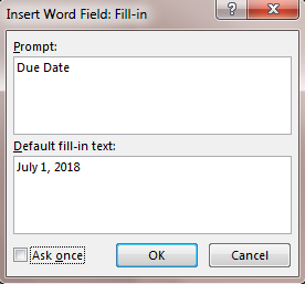 Insert Word Field: Fill-in dialog box