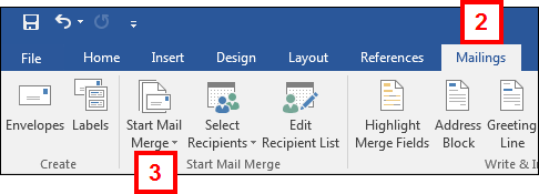 mailings tab - start mail merge button location