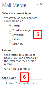 mail merge wizard - step 1 of 6