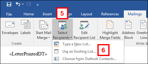 mailings tab - select recipients menu
