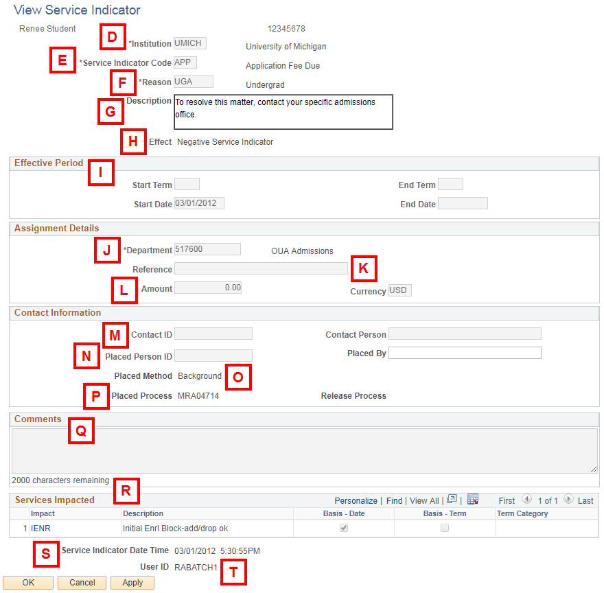 View Service Indicator page