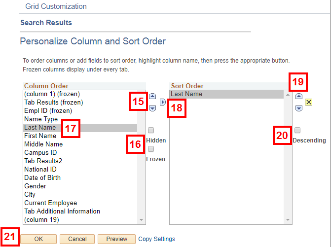 search/match - Personalize Column and Sort Order page