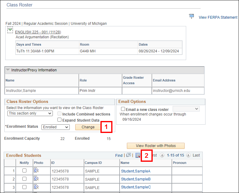 Field locations on the Class Roster Page for downloading the class roster to Excel.