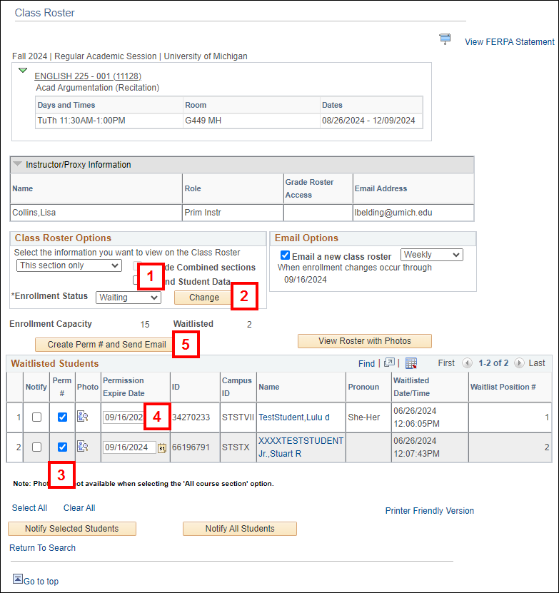 Field locations on the Class Roster Page for assigning permission to waitlisted students.