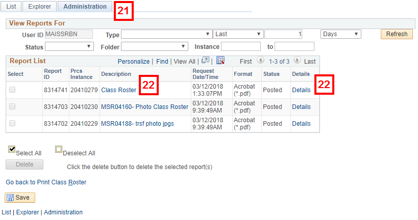 Process Scheduler Request Page, field locations for steps 17-19