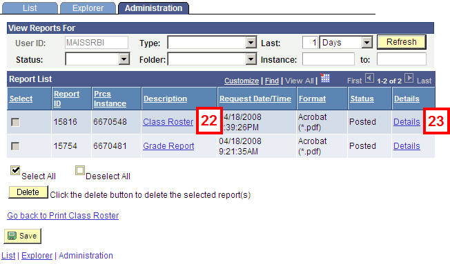 Report/Log Viewer Page, field location for steps 22-23