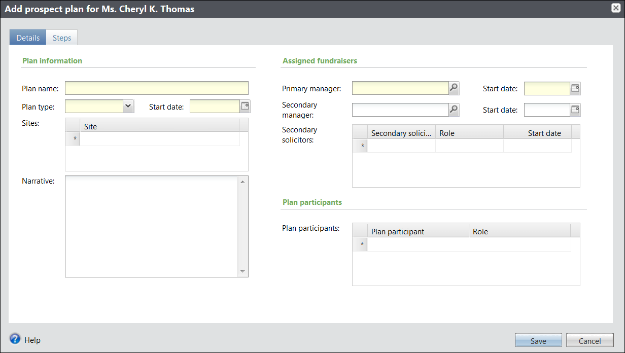 Add Prospect Plan Window