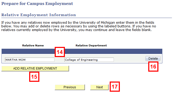 screenshot of Relative Employment Information fields and buttons for steps 14-17