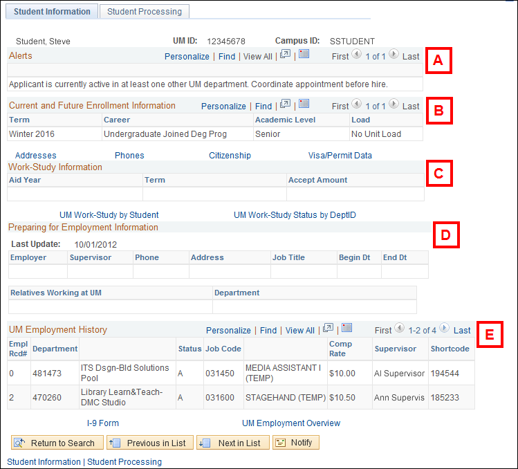 screenshot of Student Information Page with section labels