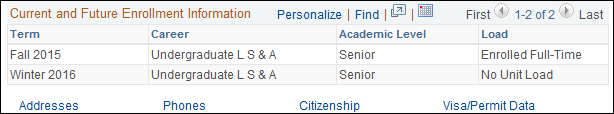 screenshot of Student Information Page - Current and Future Enrollment Information section