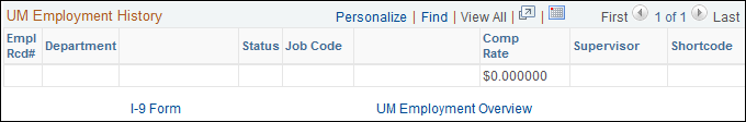 screenshot of Student Information Page -UM Employment History section