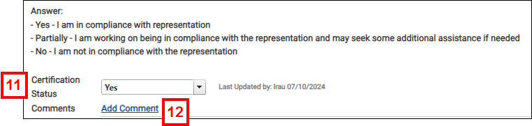 The Certification Status drop-down list and the Comments link.