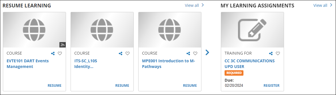 A screenshot of the My LINC home page showing the Resume Learning and My Learning Assignments widgets.