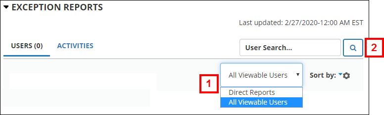Screenshot of the exception report page showing the unlabeled menu from which you select All Viewable Users