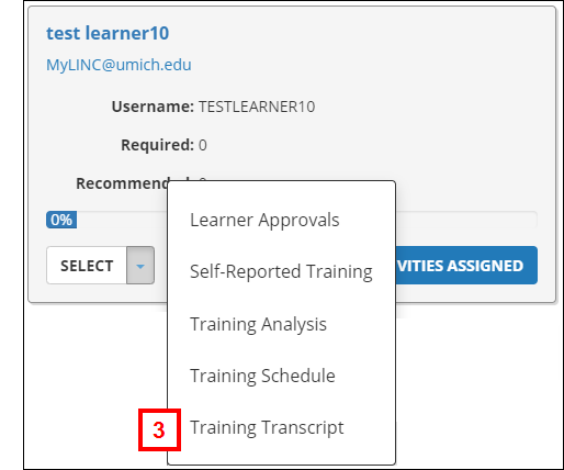 Screenshot of a user panel showing the Training Transcript option in the Select menu