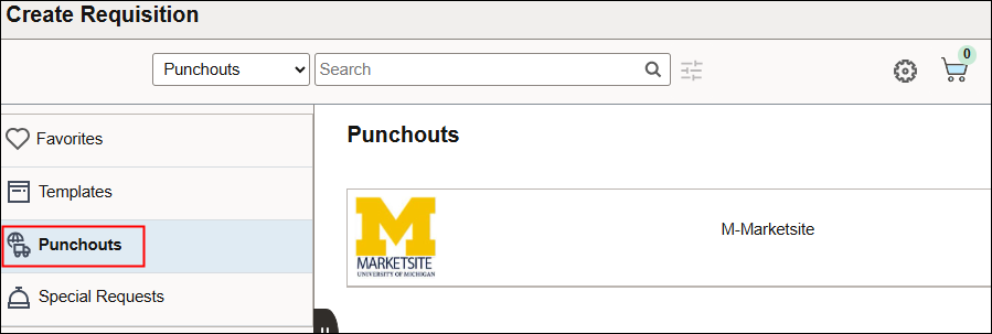 Create Requisition page displaying left menu