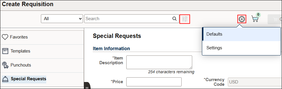 Create Requisition page displaying navigation to Defaults page