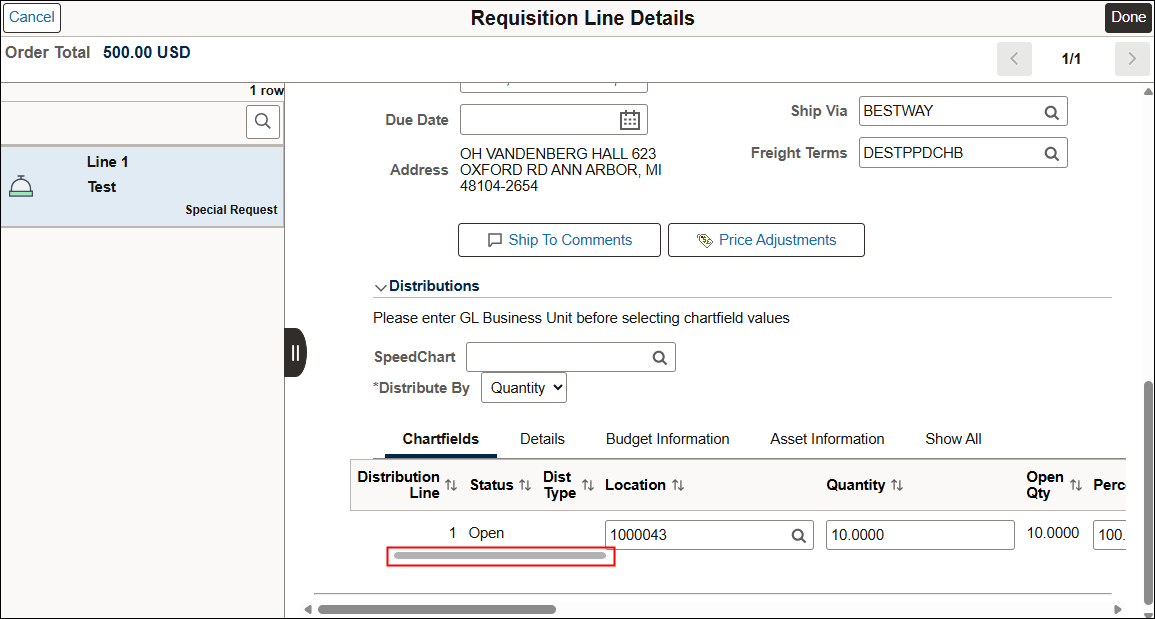 Requisition Line Details page
