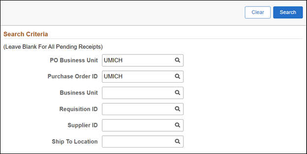ePro Receiving Search Criteria page