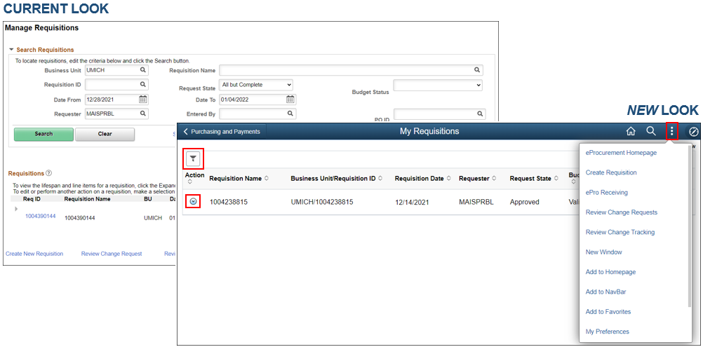 Before and after of My Requisitions page