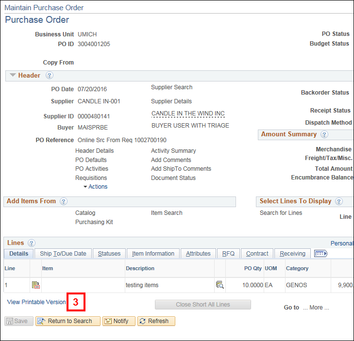 Maintain Purchase Order page