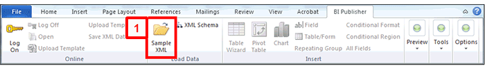 Screenshot of the BI Publisher toolbar in Microsoft Word with the Sample XML button highlighted