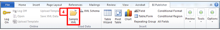 Screenshot of the BI Publisher toolbar in Microsoft Word with the Sample XML button highlighted