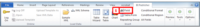 Screenshot of the BI Publisher toolbar in Microsoft Word with the Field button highlighted