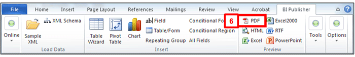 Screenshot of the BI Publisher toolbar in Microsoft Word with the PDF button highlighted