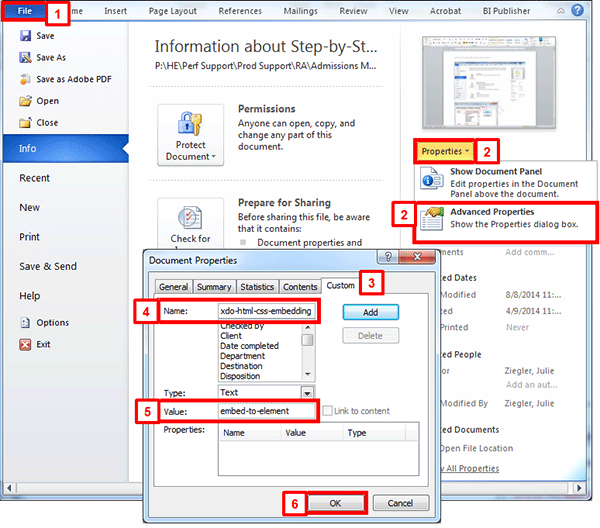 Screenshot of the Microsoft Word File menu highlighting the steps to update the document properties