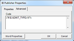 Screenshot of the BI publisher properties window showing the if string