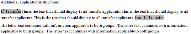 Example of text with If Transfer and End If Transfer tags applied