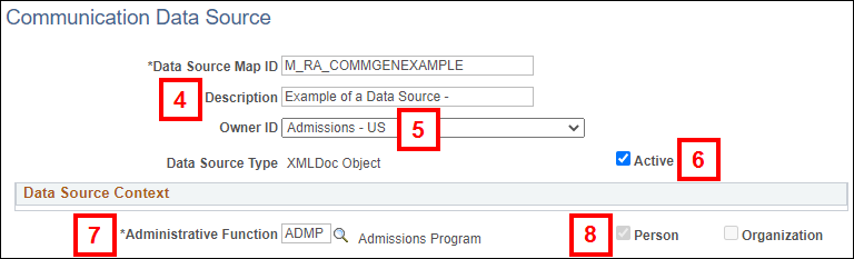 Screenshot of the communication data source page with the description, owner ID, active, administrative function and person fields highlighted