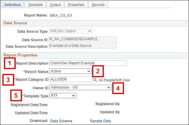 Screenshot of the Definition tab showing report description, report status, report category id, owner id and template type fields