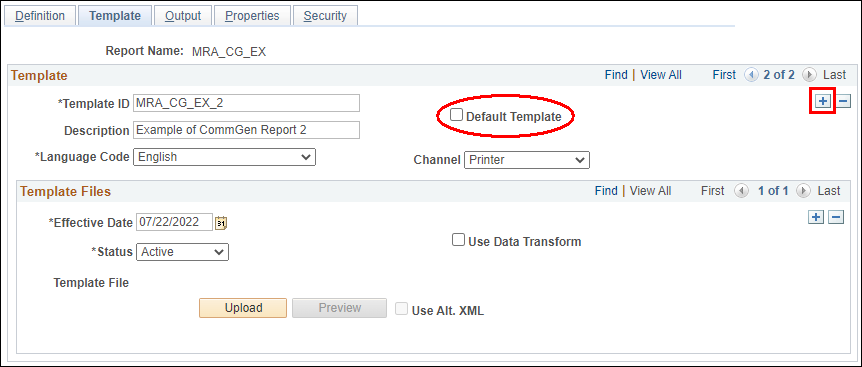 Screenshot of the Template tab showing the add a row button and default template field