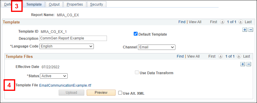 Screenshot of the template tab with the template file field highlighted