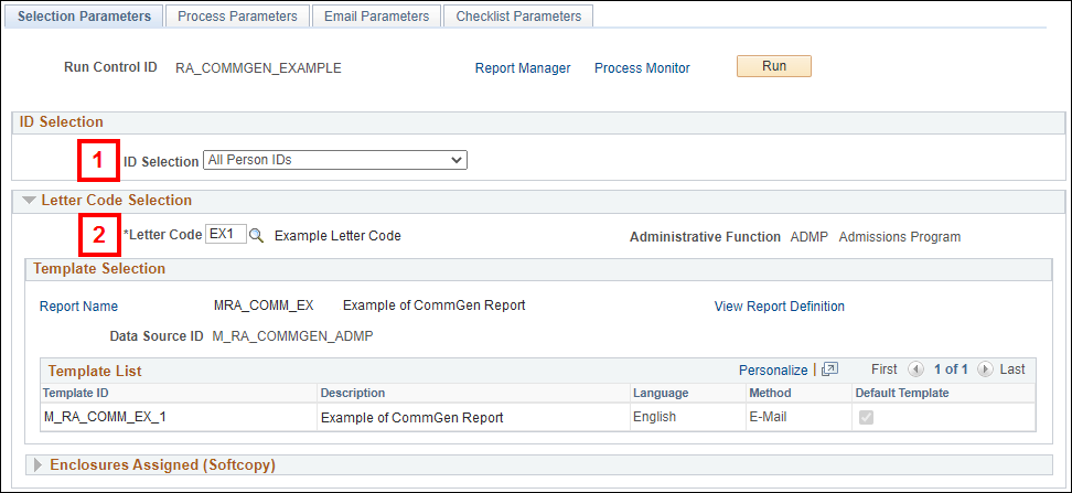 Screenshot of the Selection Parameters tab with the ID selection and letter code fields highlighted