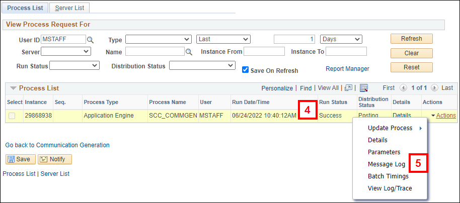 Screenshot of the Process Monitor tab showing the Run Status, Actions menu and Message Log option.