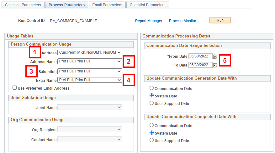Screenshot of the Process Parameters tab with the Address and Date range information highlighted