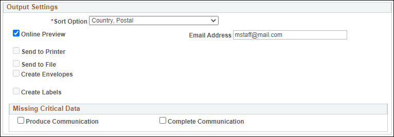 Screenshot of the Output Settings with the online preview box checked and email address entered