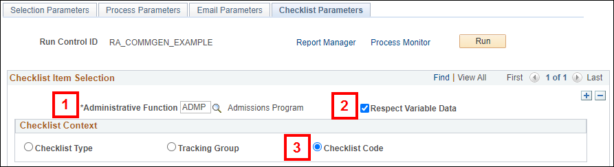 Screenshot of the Checklist Parameters tab with the administrative function, respect variable data and checklist code fields highlighted