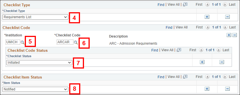 Screenshot of the Checklist Parameters tab with the checklist type, institution, checklist code, checklist status and item status fields highlighted
