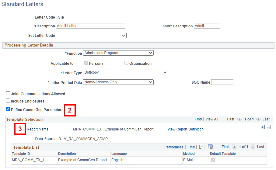 Screenshot of the Standard Letters page highlighting the Define CommGen Parameters checkbox and Report Name link.