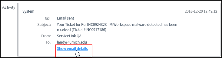 Screenshot of Show Email Details link inside the activity stream in an Incident